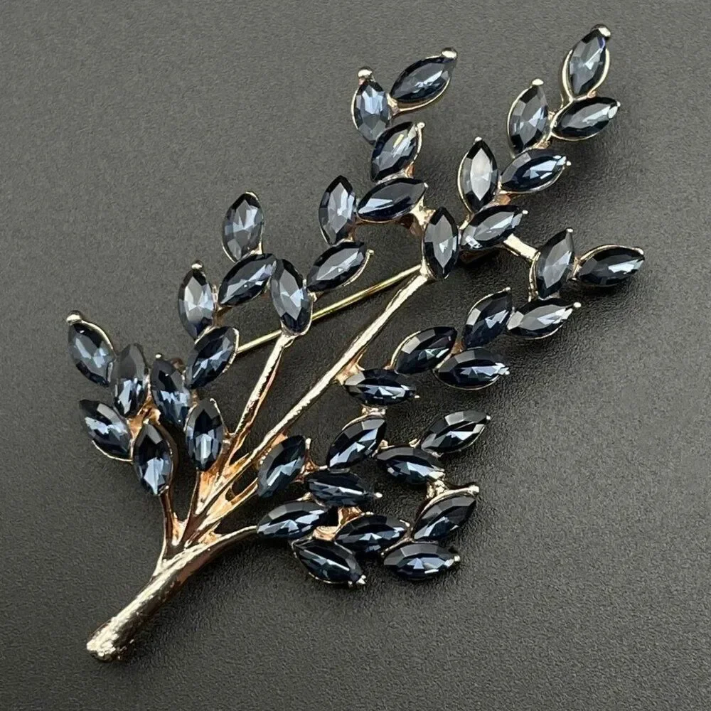Rose Gold with Blue Sapphire Crystal Tree Branch with Leaves Pin Back Brooch